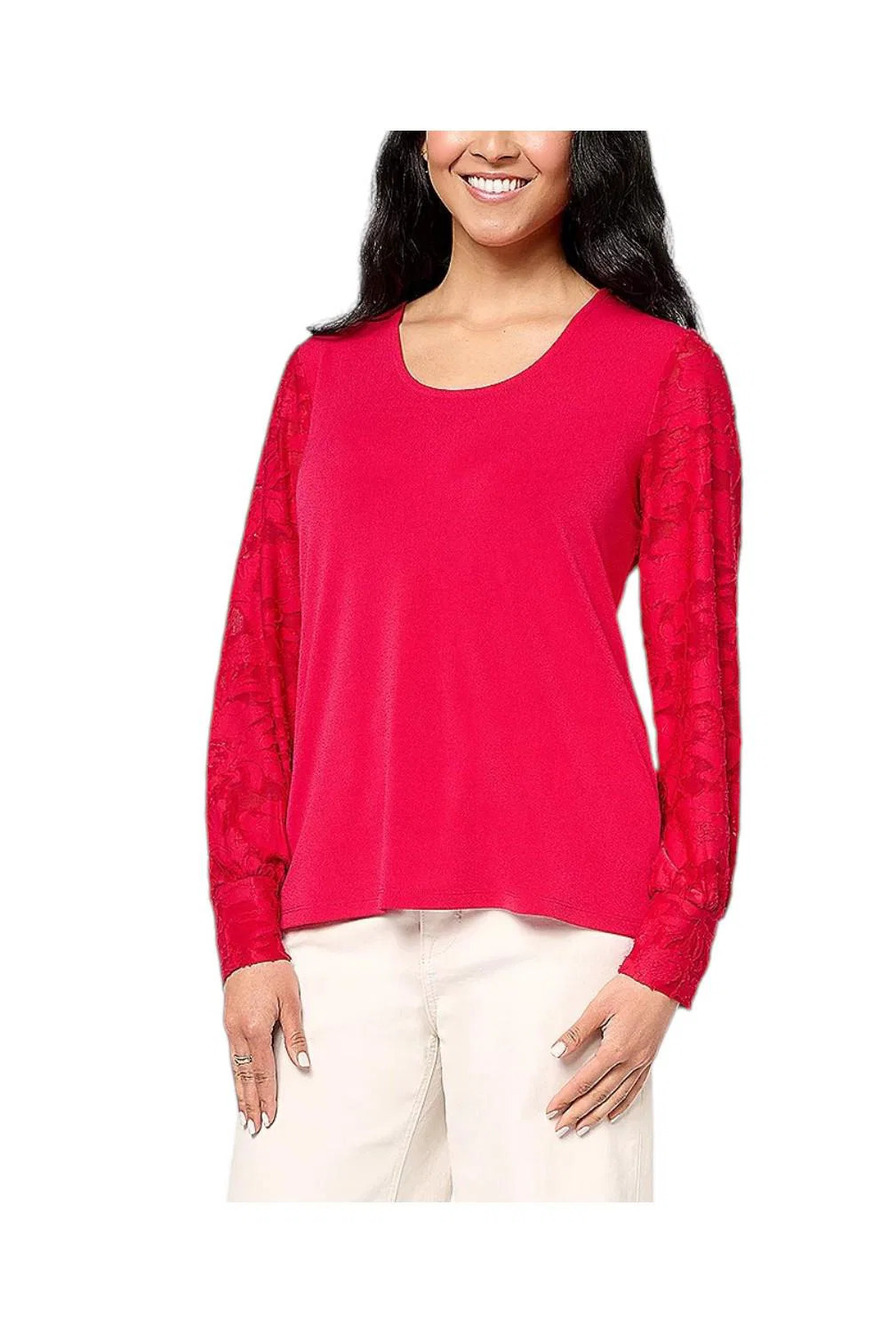 Isaac Mizrahi Live! Pebble Knit Top Floral Burnout Sleeves Bright Ruby - Regular